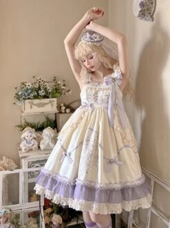 Cute Princess Printed Bowknot Decorated Lace Ruffled Big Hem Sweet Lolita Sleeveless Dress -NAUS Lolita Shop 4 500x672 815