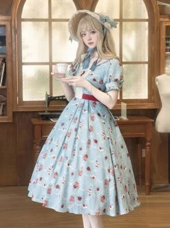 Rose Garden Series Blue Tea Party Rose Print Square Collar Spliced Contrast Color Lace Classic Lolita Puff Sleeves Dress -NAUS Lolita Shop 4 500x672 95
