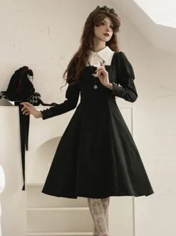 Redemption Cross Series Gothic Lolita Bat Necklace Nun Style Black Holiness Puff Long Sleeve Dress -NAUS Lolita Shop 4 500x672 99