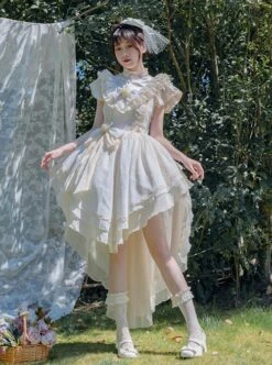 Elegant Summer Pure Color V Neck Bowknot Decoration Front Short Back Long Irregular Hem Design Classic Lolita Sleeveless Dress -NAUS Lolita Shop 5 500x672 1