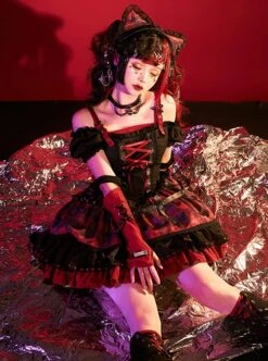 Shibuya Kitty Series Black Red Plaid Ribbon Bowknot Idol Subculture Y2K Bare Shoulders Punk Lolita Dress -NAUS Lolita Shop 5 500x672 1003