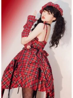 Punk Lolita Bowknot Plaid Black Single Row Pleats Double Lace Drawstring Irregular Hem Design Sling Dress -NAUS Lolita Shop 5 500x672 1006