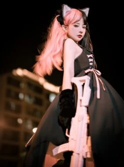 Guns N' Roses Series Black Pink Contrast Color Stitching Guns N' Roses Embroidery Irregular Hem Punk Lolita Sleeveless Dress -NAUS Lolita Shop 5 500x672 1015