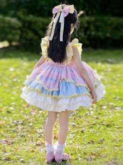 Yellow Pink Blue Simplicity Retro Style Spring Autumn Kids Cartoon Princess Fluffy Ruffles Bowknot Sweet LolitaSleeveless Dress -NAUS Lolita Shop 5 500x672 1020