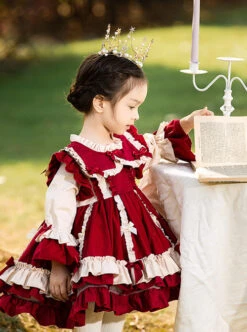 Autumn Winter Bowknot Ruffle Delicate Children Sweet Lolita Kids Wine Red Long Sleeve Dress -NAUS Lolita Shop 5 500x672 1025