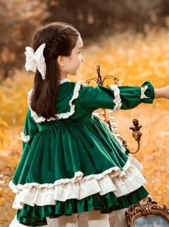 Green Velvet Princess Dress Stitching Lantern Sleeves Autumn Winter Classic Lolita Kids Long-Sleeved Dress -NAUS Lolita Shop 5 500x672 1027