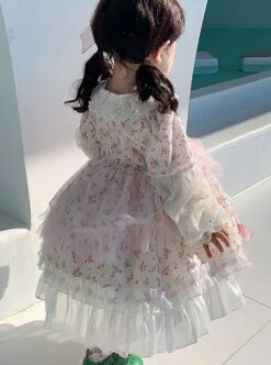 Sweet Lovely Floral Spring Autumn Stitching Lantern Sleeve Striped Bowknot Lace Decoration Sweet Lolita Kids Long-Sleeved Dress -NAUS Lolita Shop 5 500x672 1029