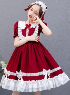 White Lace Doll Collar Wine Red Pure Color Children Lolita Short Sleeve Dress -NAUS Lolita Shop 5 500x672 1031