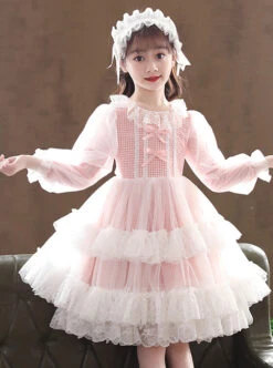 Bowknot White Tulle Lace Children Sweet Lolita Kids Plaid Long Sleeve Dress -NAUS Lolita Shop 5 500x672 1035