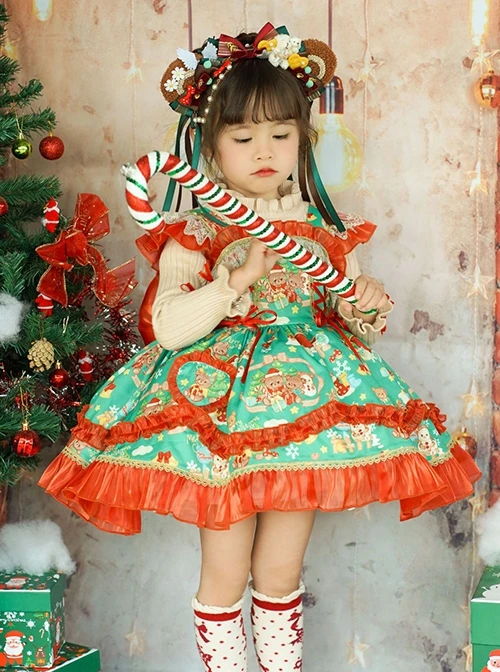 Little Bear Christmas Print Lace Sleeveless Dress Apricot Stand Collar Knit Long Sleeve Top Classic Lolita Kids Dress Set 3 Little Bear Christmas Print Lace Sleeveless Dress Apricot Stand Collar Knit Long Sleeve Top Classic Lolita Kids Dress Set - Image 3