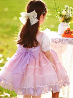 Cute Cartoon Cat Print Decoration Pleated Ruffle Ears Shape Design Chiffon Lace Layered Hem Classic Lolita Big Bow Knot Kid Princess Dress -NAUS Lolita Shop 5 500x672 1042