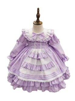 Purple Bow Knot Round Neck Stitching Lantern Sleeve Ruffle Hem Sweet Lolita Kids Long Sleeve Dress -NAUS Lolita Shop 5 500x672 1043