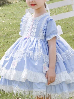 White Lace Tassel Hem Kids Sweet Lolita Blue Short Sleeve Dress -NAUS Lolita Shop 5 500x672 1046