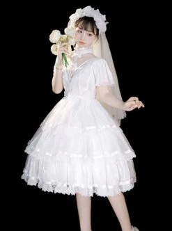 Solid Color Translucent V-Neck Design Bow-Knot Multi-Layer Lace Hem Elegant Classic Lolita Short Sleeve Dress -NAUS Lolita Shop 5 500x672 105