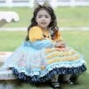 Yellow-Blue Stitching Heart Polka Dots Lace Puff Sleeves Velvet Ruffles Classic Lolita Bow Kids Long-Sleeved Dress