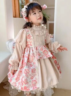 Stand Collar Spring Autumn Flower Print Court Style Puff Sleeves Big Bow-Knot Sweet Lolita Kids Long-Sleeved Dress -NAUS Lolita Shop 5 500x672 1053