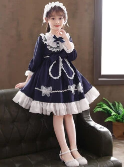 White Lace Pure Color Big Bowknot Children Sweet Lolita Kids Long Sleeve Dress -NAUS Lolita Shop 5 500x672 1055
