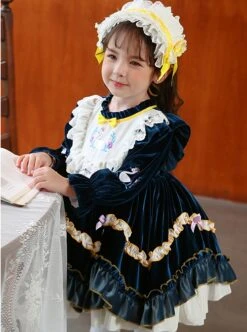 Dark Blue Embroidered Lace Ruffle Irregular Hem Design Bow Decorated Classic Lolita Kids Long Sleeve Dress -NAUS Lolita Shop 5 500x672 1056