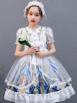 Doll Collar Cartoon Printing Sweet Lolita White Short Sleeve Dress -NAUS Lolita Shop 5 500x672 1059