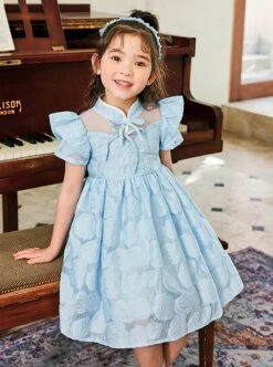 Rose Flower Embossed Texture Pleated Fluffy Hem Cute Flying Sleeves Decoction Children Lolita Kids Blue Dress -NAUS Lolita Shop 5 500x672 1061