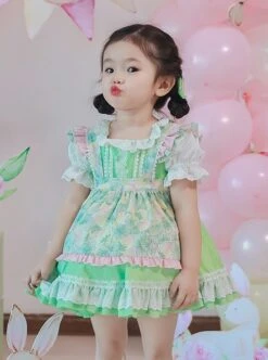 Green Strawberry Series Summer Lace Collar Strawberry Print Cute Green Polka Dot Lace Sweet Lolita Kids Short-Sleeved Dress -NAUS Lolita Shop 5 500x672 1064