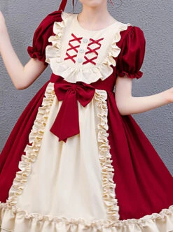 Red And Apricot Splicing Ruffled Children Classic Lolita Short Sleeve Dress -NAUS Lolita Shop 5 500x672 1065