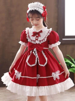 Pure Color Big Bowknot White Lace Children Sweet Lolita Kids Short Sleeve Dress -NAUS Lolita Shop 5 500x672 1066