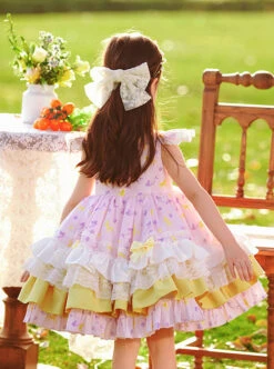 Yellow Bow Knots Decoration Hem Layered Ruffles Cute Purple Graphic Print Classic Lolita Kid Sleeveless Dress -NAUS Lolita Shop 5 500x672 1067