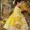 White Lace Stitching Lantern Sleeve Cute Yellow Princess Dress Spring Autumn Classic Lolita Kids Long-Sleeved Dress