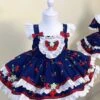 Retro Navy Blue Contrasting Colors Cherry Red Doll Bowknot Cute Lace Sweet Lolita Sleeveless Princess Kid Dress JSK