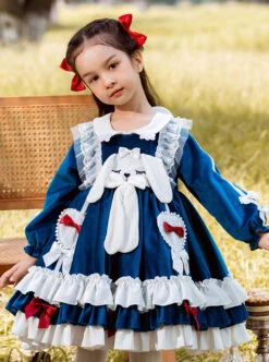 Doll Collar Lovely Long Ear Rabbit Bowknot Children Sweet Lolita Kids Blue Velour Long Sleeve Dress -NAUS Lolita Shop 5 500x672 1074