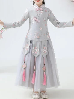 Children Elegant Flower Embroidery Gray Long Sleeve Chinese Style Long Dress -NAUS Lolita Shop 5 500x672 1075