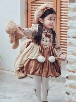Little Bear Coco Series Autumn Winter Warm Caramel Color Little Bear Embroidered Pom Ball Decoration Sweet Lolita Kids Sleeveless Dress -NAUS Lolita Shop 5 500x672 1083