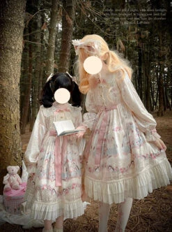 Gold Print Cute Sweet Penguin Pattern Decoration Lace Embroidery Pink Bow Knot Children Lolita Kids Long Sleeve Dress -NAUS Lolita Shop 5 500x672 1084