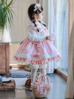 Plush Tulip Pattern Decoration Polka-Dot Hem Pleated Bow Knot Classic Lolita Pink Cute Suspender Dress -NAUS Lolita Shop 5 500x672 1085