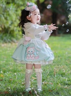 Cute Bear Pattern Print Plush Ball Crinkled Bow Trim Irregular Hem Sweet Lolita Kid Princess Slip Dress -NAUS Lolita Shop 5 500x672 1091