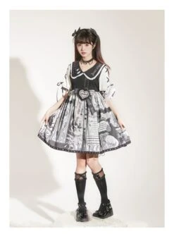 Little Tengu Series OP Doll Collar Printing Black Cute Gothic Lolita Short Sleeve Dress -NAUS Lolita Shop 5 500x672 110