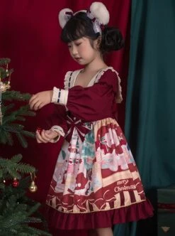 Christmas Little Bear Series Cute Christmas Little Bear Print Ribbon Lantern Sleeves Lace Bow Ruffle Hem Classic Lolita Kids Long Sleeve Dress -NAUS Lolita Shop 5 500x672 1100