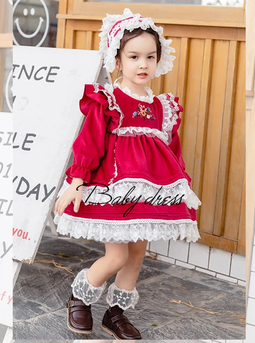 White Lace Red Velour Embroidery Kids Classic Lolita Long Sleeve Dress 7 White Lace Red Velour Embroidery Kids Classic Lolita Long Sleeve Dress - Image 7