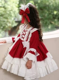 White Lace Gorgeous Palace Princess Dress Stitching Lantern Sleeves Spring Autumn Wine Red Classic Lolita Kids Long-Sleeved Dress -NAUS Lolita Shop 5 500x672 1109