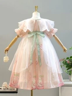 Cute New Chinese Folk Style Pink Flower Fairy Lotus Leaf Hamster Embroidery Cloud Shoulder Sweet Lolita Chiffon Kid Dress -NAUS Lolita Shop 5 500x672 1110