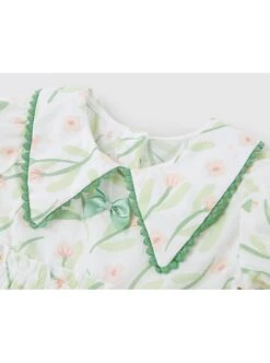 Classic Lolita Floral Flower Print Folds Decoration Square Lapel Bow Design Green Kid Short Sleeve Dress -NAUS Lolita Shop 5 500x672 1111