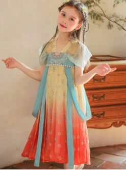 Chinese Style Flowy Vintage Silk Streamers Exquisite Embroidery Pearl Decoration Gradient Hem Kids Dress -NAUS Lolita Shop 5 500x672 1112