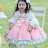 Pink-White Velvet Round Neck Bow Lace Stitching Lantern Sleeves Lotus Leaf Cute Sweet Lolita Kids Autumn Winter Long-Sleeved Dress