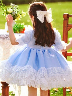 White Lace Pattern Embroidery Layered Hem Blue Simple Classic Lolita Three-Dimensional Pink Flower Decoration Short Sleeve Kid Princess Dress -NAUS Lolita Shop 5 500x672 1119