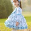 Pastoral Style Blue Floral Mosaic Lantern Sleeve Love Bow-Knot Decoration Spring Autumn Classic Lolita Kids Long-Sleeved Dress