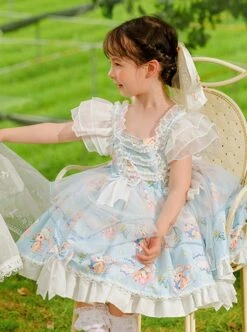 Summer Light Blue Princess Chiffon Lace Puff Sleeves Bowknot Bunny Print Sweet Lolita Kids Sleeveless Dress -NAUS Lolita Shop 5 500x672 1122