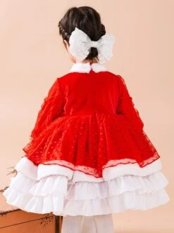 Red Love Polka Dot Plush Stand Collar Plaid Bow-Knot Decoration Winter Classic Lolita Kids Long Sleeve Dress -NAUS Lolita Shop 5 500x672 1129