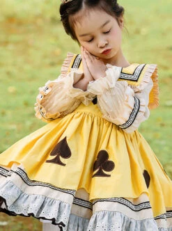 Poker Cards Pattern Yellow Plus Velvet Children Sweet Lolita Long Sleeve Dress -NAUS Lolita Shop 5 500x672 1133