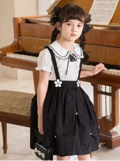 Campus Style Cotton Pleated Ruffled Doll Neckline Black Strap Pearl Decoration Children Lolita Kids Cute Dress Set -NAUS Lolita Shop 5 500x672 1140
